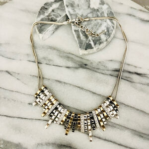 Nine West Mix Metal Statement Necklace‎ Silver Gold Toned Pave Accent Edgy